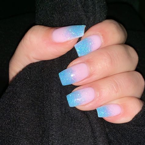 Pink to sparkly blue ombré nails Pink And Blue Ombre Nails Glitter, Light Blue And Pink Ombre Nails, Pretty Ombre Nails Blue, Perrywinkle Nails Prom, Pink And Blue Sparkly Nails, Beach Ombre Nails Summer, Blue Ombre Wedding Nails, Pink Blue Silver Nails, Sparkly Blue Tip Nails