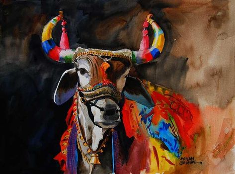 Indian Colors, Bull Painting, Composition Painting, India Painting, Pop Art Drawing, Indian Art Gallery, Pichwai Paintings, Cow Painting, Indian Folk Art