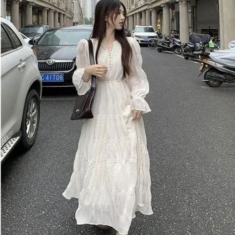 13.16US $ 70% OFF|Elegant Niche Long Sleeve V neck Chiffon Dress For Women Spring 2024 New Style French Vacation Style White Dress| |   - AliExpress Style White Dress, French Vacation, Princess Skirt, Glamour Dress, Chiffon Material, Mid Length Skirts, Vacation Style, Spring 2024, Dress For Women