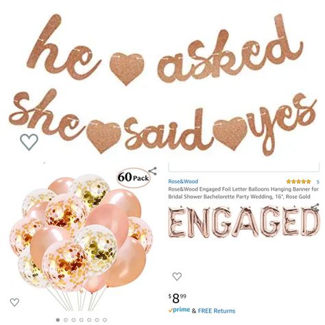 All under $10 on Amazon. "He asked, she said yes" garland. ENGAGED foil letter balloons. Champagne and rose gold confetti balloons. Rose Gold Engagement Party, Champagne And Rose Gold, Foil Letter Balloons, He Asked She Said Yes, Gold Engagement Party, Rose Gold Bridal Shower, Gold Confetti Balloons, Rose Gold Confetti, She Said Yes