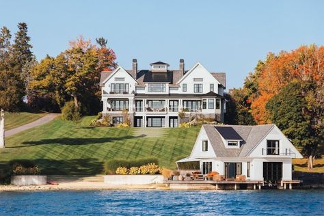 Sleek & Traditional Design Aesthetics Convene in a Hudson Valley Home - Cottages & Gardens Upstate New York Homes, Walpole Outdoors, Skaneateles Lake, Vanderbilt Mansions, Summer Travel Destinations, Thom Filicia, Carriage Doors, Concrete Coffee Table, Freestanding Fireplace