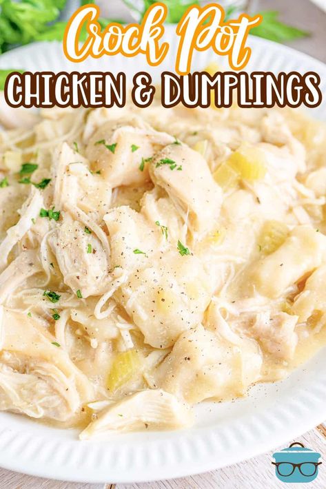 Crock Pot Chicken and Dumplings is a super easy, creamy recipe that uses chicken stock, frozen chicken breasts, cream of chicken and canned biscuits. So good! Chicken And Dumplings Recipe With Biscuits, Ninja Crockpot, Dumplings Video, Chicken Breast Soup, Chicken And Dumplin Recipe, Crock Pot Chicken And Dumplings, Frozen Chicken Crockpot, Dumplin Recipe, Pillsbury Grands