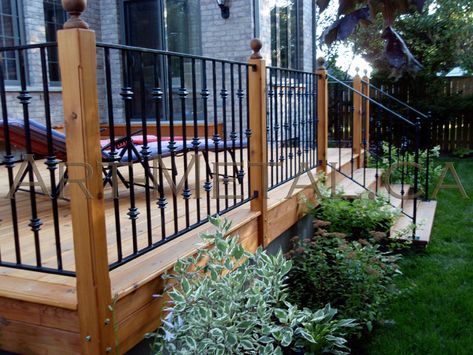 deck railing ideas - Google Search Iron Deck Railing, Porch Railing Designs, Iron Stairs, Deck Stair Railing, Iron Pergola, Wrought Iron Railings, Front Porch Railings, Outdoor Stair Railing, Rustic Stairs