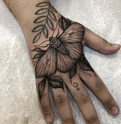 Above Thumb Tattoo, Insect Hand Tattoo, Neotrad Hand Tattoo, Black And Grey Hand Tattoos, Bug Hand Tattoo, Big Moth Tattoo, Moth Hand Tattoos For Women, Hand Tattoo Cover Up Ideas For Women, Large Hand Tattoo