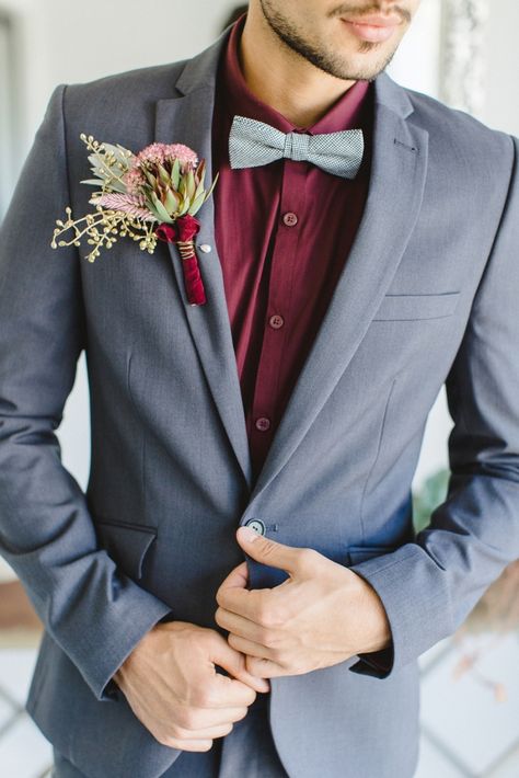 For Vince (bridesman) to match the bridesmaid dresses Burgundy Suit Wedding, Barker Wedding, Groomsmen Shirt, Grey Wedding Suit, Burgundy And Grey Wedding, Dark Red Bridesmaid Dresses, Grey Suit Wedding, Costume Gris, Popular Wedding Colors