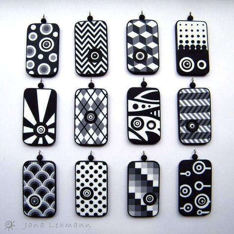 Graphic Pendants, via Flickr. African Colors, Black And White Graphic, Polymer Clay Ornaments, Metal Clay Jewelry, Polymer Clay Canes, Polymer Jewelry, Polymer Clay Necklace, Clay Jewelry Diy, Polymer Clay Pendant