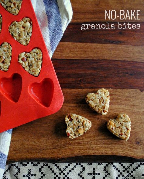 So — I’m a little late to the Valentine’s Day game. Two sick kids and an out-of-town hubbie will do that to ya. But, any good parent knows that heart shapes are a crowd-pleaser an… Silicone Molds Recipes, Granola Bites, Healthy Valentines, Baked Granola, Valentines Day Food, Food Carving, Snack Attack, Valentines Food, Fun Kids Food