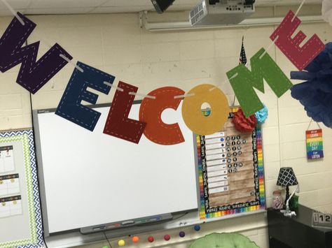 Welcome classroom sign hanging from ceiling @mrssecondyearteacher Class Ceiling Decoration, Preschool Ceiling Decorations, 3d Hanging Art For Classroom, Ceiling Hanging Decor Diy Classroom, Classroom Hanging Decorations Ceilings Decorating Ideas, Classroom Ceiling Decorations Diy, Classroom Ceiling Decorations Preschool, Roof Hanging Decoration For School, Classroom Ceiling Decor