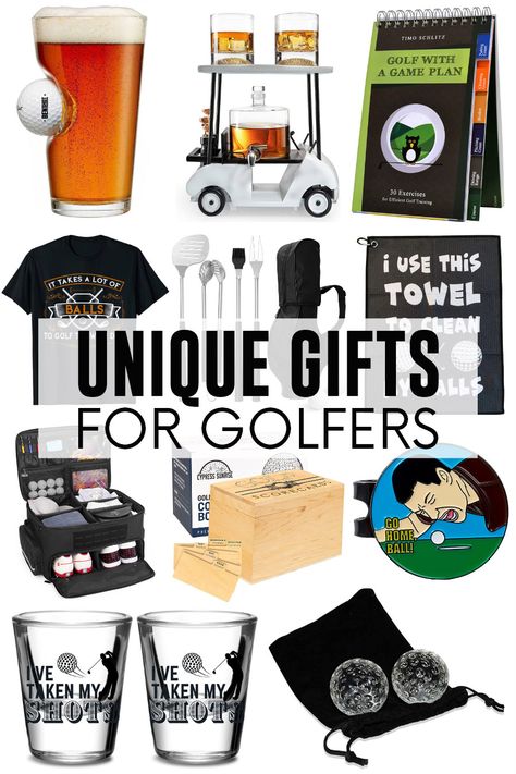 A collection of unique gifts for golfers that's perfect for Father's Day or birthdays. Diy Golf Gifts For Men, Golf Theme Gift Basket, Golf Gift Basket Ideas For Men, Gifts For Golfers Boyfriends, Gift For Golfers Men, Golf Gift Ideas For Men, Gifts For Golf Lovers, Golfer Gifts Men, Golf Basket Ideas For Men