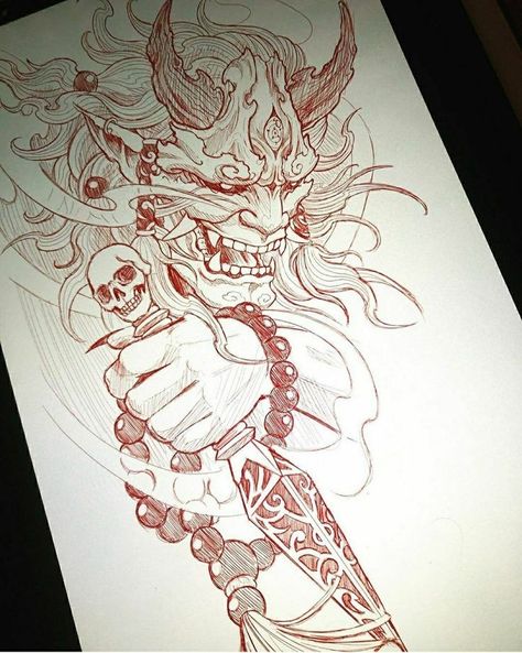 Japanese Mythology Tattoo, Hanya Mask, Japanese Demon Tattoo, Tato Maori, Guerriero Samurai, Oni Tattoo, Foo Dog Tattoo, Tato Dada, Japanese Demon