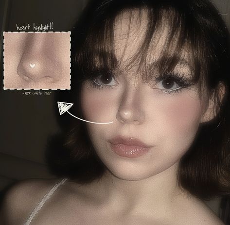 Light Inner Corner Makeup, Heart Nose Highlight Makeup, Heart On Nose Makeup, Heart Highlighter On Nose, Heart Nose Contour, Heart Nose Makeup, Heart Highlight On Nose, Lifted Nose Contour, Heart Face Shape Makeup