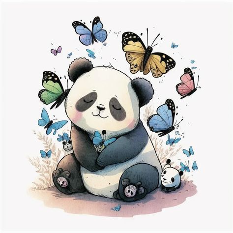 Panda Bear Art, Panda Painting, Butterfly Sketch, Happy Rock, Panda Art, Beautiful Sketches, Butterfly Drawing, Cute Panda, Cute Animal Drawings