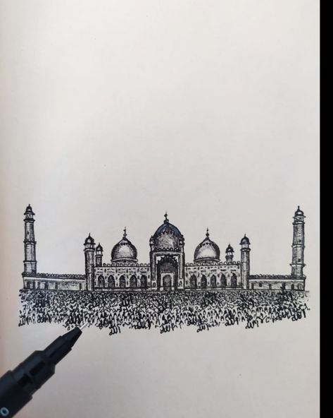 High detailed drawing illustration with one of the most unusual mosques in the world. Badshahi Mosque بادشاہی مسجد or Imperial Mosque in Lahore; my plein-air in amazing Pakistan, Asia, Dublenco. Badshahi Mosque Drawing, Mosque Outline, Mosque Drawing, Badshahi Mosque, Plein Air, Pakistan, The World, Drawings, Art