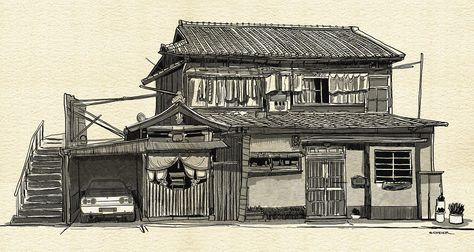 ArtStation - japan old house study, jason scheier Japanese House Drawing, Old Japanese House, Japan Village, Asian House, Save For House, Illustrator Design Tutorial, House Sketch, House Drawing, 3d Modelling