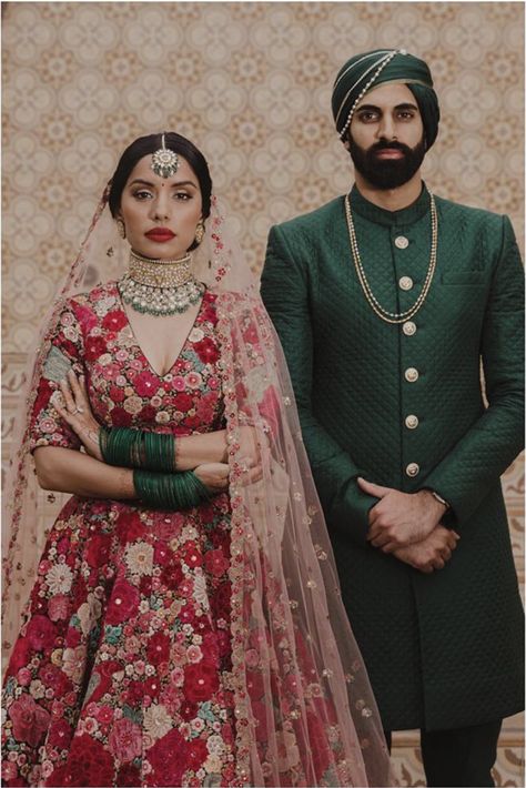 Red And Green Indian Bridal Wear, Floral Indian Wedding Outfit, Green Sherwani For Groom, Sabyasachi Bride And Groom, Green Sherwani Groom, Bride And Groom Indian Wedding Outfit, Indian Groom Outfit, Green Sherwani, Groom Dress Men