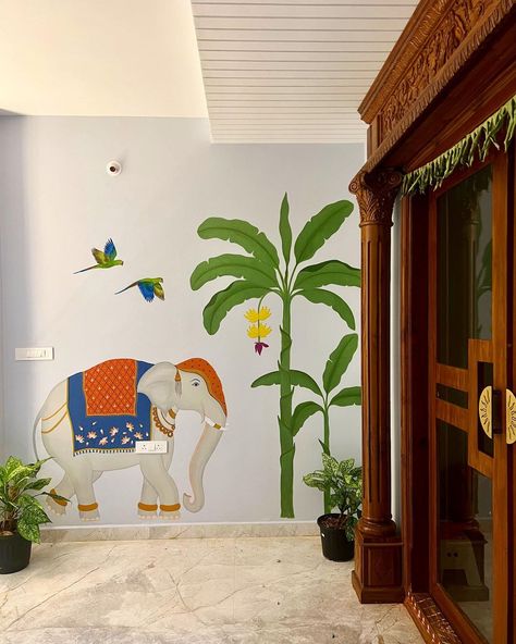 Indian mural art can add a touch of cultural richness and aesthetic appeal to your space, making it a meaningful and visually pleasing choice for wall decor. Mural from @adithireddy_m Indian Wall Decor Living Room, Indian Mural Art, Indian Wall Mural, Indian Mural Wall Art, Entrance Wall Painting, Home Entrance Painting, Indian Wall Painting, Indian Art Design, Indian Mural