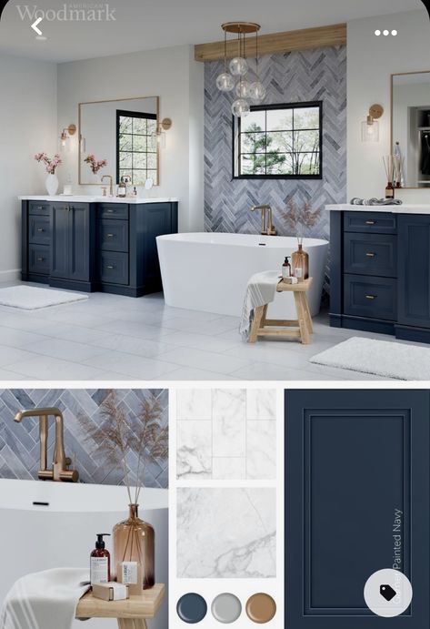 Master Bath Navy Cabinets, Indigo Bathroom Vanity, Dark Blue Bathroom Cabinets Vanities, Blue Tile Behind Vanity, Blue And Amber Bathroom, Master Bath Remodel Navy Vanity, Navy Silver Bathroom, Navy And White Half Bath, Blue And Neutral Bathroom