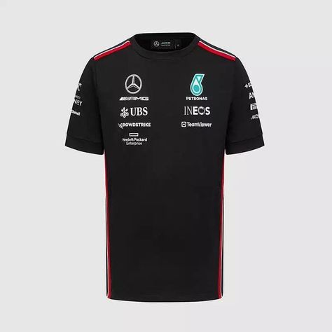 Mercedes-AMG F1 2023 Team Driver T-shirt Get behind the Mercedes-AMG Petronas F1 Team with the official 2023 Team Driver T-shirt, as worn by Lewis and George throughout Formula 1 race weekends. The T-shirt features all the official team and sponsor branding from the 2023 F1 season. Mercedes Merch, Lewis And George, Formula 1 Race, F1 2023, Petronas F1, Hewlett Packard Enterprise, Amg Petronas, Mercedes Amg, Formula 1