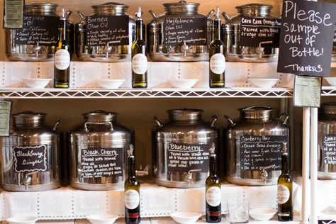 Our Tasting Bar. Fusti stored Oils and Vinegars. Olive Oil Store, Supermarket Design, Fruit Shop, Infused Oils, Orange Oil, Jack Daniels Whiskey Bottle, Tasting Room, Shop Ideas, Shop Interiors