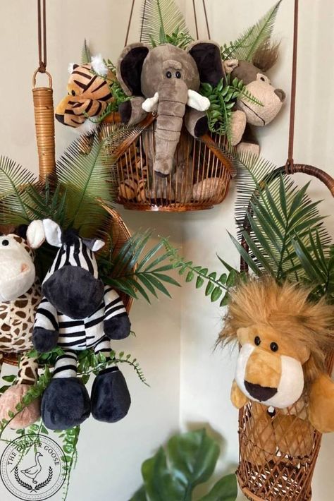 DIY NURSERY DÉCOR: SAFARI HANGING BASKETS - The Copper Goose Safari Toddler Room, Girl Jungle Nursery, Safari Nursery Theme, Jungle Nursery Boy, Jungle Baby Room, Jungle Theme Rooms, Kids Jungle Room, Safari Baby Room, Baby Safari Nursery