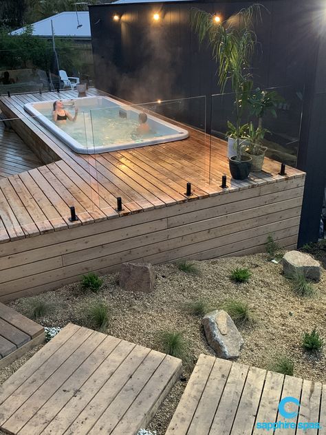 Swimspa Ideas, Swim Spa Deck, Swim Spa Landscaping, Outdoor Swim Spa, Hot Tub Deck Design, Spa Deck, Spa Landscaping, Backyard Spa, Kleiner Pool Design