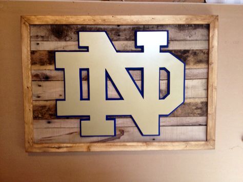 Notre Dame 3-D wood sign. Reclaimed wood sign. 3-D sports sign. Fighting irish Notre Dame wall decor. Custom woodworking. Hand made by kate hall. Wood Sports Signs, Notre Dame Signs Diy, Reclaimed Wood Signs, Sports Signs, Man Cave Home Bar, Bf Gifts, Hand Painted Wood Sign, Custom Woodworking, Diy Furniture Projects