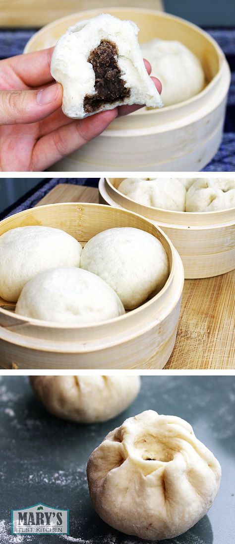 Chinese Sweet Red Bean Steamed Buns |  Video tutorial: https://www.youtube.com/watch?v=nI1NICOw5tI | Printable recipe: http://www.marystestkitchen.com/chinese-steamed-sweet-red-bean-buns-dou-sha-bao-vegan-recipe/ Chinese Dim Sum, Sweet Red Bean, Chinese Dessert, Filipino Desserts, Bread Bun, Red Bean, Steamed Buns, Asian Desserts, Chinese Dishes