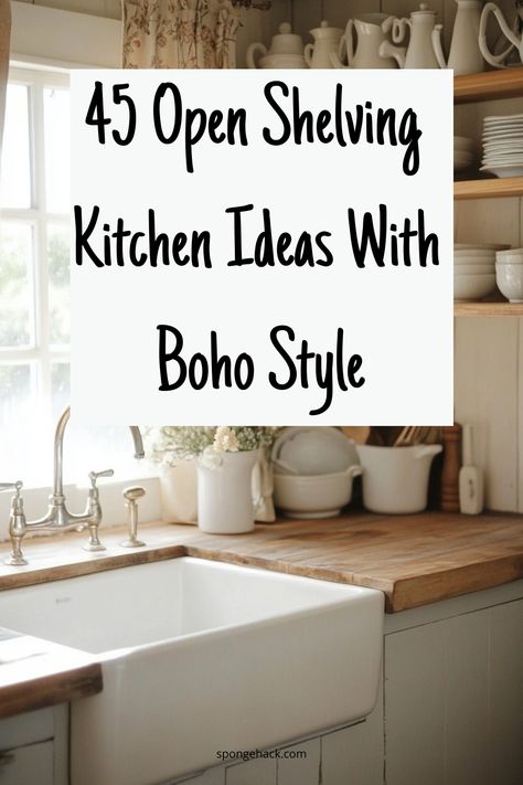 I’ve always been obsessed with boho design. It’s my vibe, you know? My living room is already has out with cozy throws, rattan furniture, and those dreamy macramé hangings. But lately, I’ve been eyeing the kitchen, feeling like it’s missing that same relaxed, earthy energy. I mean, why stop at the living room, right? I’ve […] Open Shelving In The Kitchen Ideas, Kitchen Without Cabinets Ideas Open Shelving, Kitchen Open Shelving Decor, Kitchen Without Cabinets, Shelving Kitchen Ideas, Open Shelving Kitchen Ideas, Kitchen Open Shelving Ideas, Boho Farmhouse Kitchen, Open Shelving Kitchen