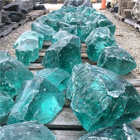 BoulderTurquoiseGlass_500PX Landscape Glass, Landscaping With Large Rocks Front Yard, Landscaping With Large Rocks Natural, Landscaping With Boulders, Outdoor Landscape Lighting, Landscaping With Large Rocks, Rock Garden Landscaping, Backyard Makeover, Glass Garden