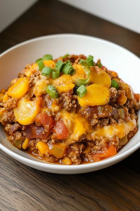 Crock Pot Cowboy Casserole Recipe - Easy Slow Cooker Comfort Food Crock Pot Cowboy Casserole, Cowboy Casserole Crockpot, Crock Pot Ground Beef Recipes, Ground Beef Crock Pot, Crockpot Cowboy Casserole, Cowboy Casserole Recipe, Cowboy Casserole, Ground Beef And Potatoes, Cheesy Casserole