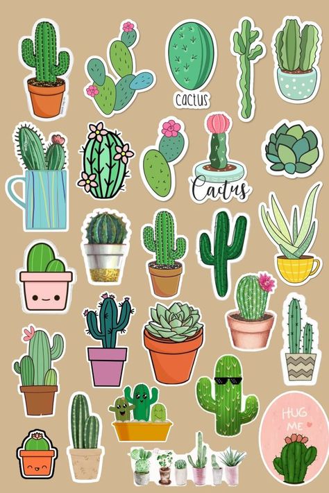 Aestethic Stickers Printable, Stiker Aesthetic Printable, Kaktus Aesthetic, Book Aesthetic Sticker, Aesthetic Cactus, Vika Papper, Sticker Design Inspiration, Cactus Stickers, Homemade Stickers