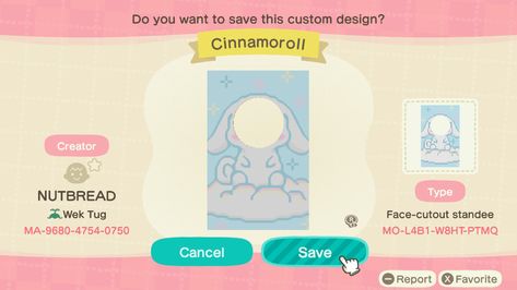 Acnh cinnamoroll face cutout standee. Sanrio! Acnh Sanrio Design Codes, Sanrio Animal Crossing Codes, Sanrio Acnh Design, Acnh Sanrio Clothes, Cinnamoroll Animal Crossing, Cinnamoroll Animal Crossing Clothes, Animal Crossing Cinnamoroll Design, Acnh Cinnamoroll, Acnh Cinnamoroll Cafe