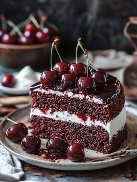 Black Forest Cherry Cake 🍒   🍒 𝗜𝗻𝗴𝗿𝗲𝗱𝗶𝗲𝗻𝘁𝘀 🍒  - 1 1/2 cups all-purpose flour - 1 cup granulated sugar - 1/2 cup unsweetened cocoa powder - 1 1/2 teaspoons baking powder - 1/2 teaspoon baking soda - 1/4 teaspoon salt - 1/2 cup vegetable oil - 1 cup buttermilk - 2 large eggs - 1 teaspoon vanilla extract - 1 cup canned cherry pie filling - 1/2 cup maraschino cherries, drained - 1 cup heavy cream - 1/4 cup powdered sugar - 1 teaspoon vanilla extract (for frosting) Canned Cherry Pie Filling, Canned Cherry Pie, Black Forest Cherry Cake, Chocolate Poke Cake, Canning Cherry Pie Filling, Unsweetened Cocoa Powder, Maraschino Cherries, Canned Cherries, Cherry Cake