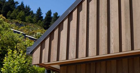 Board & Batten Cladding | Halswell Timber Board And Batten Cladding, Board And Batten Exterior, Fabric Awning, Board Batten, Cedar Boards, House Cladding, Metal Cladding, Board And Batten Siding, Cladding Panels