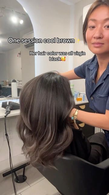 Dark Mushroom Brown Balayage, Cool Tone Brown Hair Asian, Mushroom Brown Highlights On Dark Hair, Ashy Dark Brown Hair, Brown Asian Hair, Cool Dark Brown Hair, Ashy Brunette Hair, Cool Tone Brown Hair, Sakura Hair