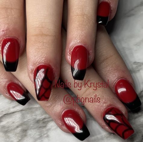 Red Nails With Spiderweb, Red Spiderweb Nails, Spiderweb Nails, Dark Red Nails, Goth Nails, Makeup Model, Black Nail Designs, Black Nail, Dip Powder Nails