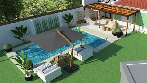 Double Storey House Plans, Minimalist Diy, Pool House Designs, Bamboo House Design, Double Storey House, Fountains Backyard, Front Porch Design, Backyard Pool Landscaping, Beautiful House Plans