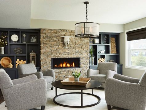 Den Idea Transitional Basement, Fireplace Feature Wall, Fireplace Seating, Transitional Living, Transitional Living Rooms, Basement Renovations, Modern Fireplace, Stacked Stone, Wall Ideas