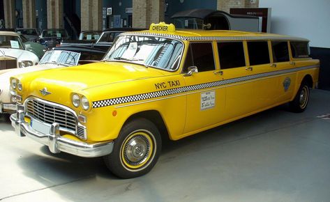 Unique Checker Cab Stretch Limo #britairtrans #taxi Checker Cab, Crazy Taxi, Planes Trains Automobiles, Yellow Taxi, Yellow Cabs, New York Vintage, Classic Cars Trucks Hot Rods, Yellow Car, Taxi Cab