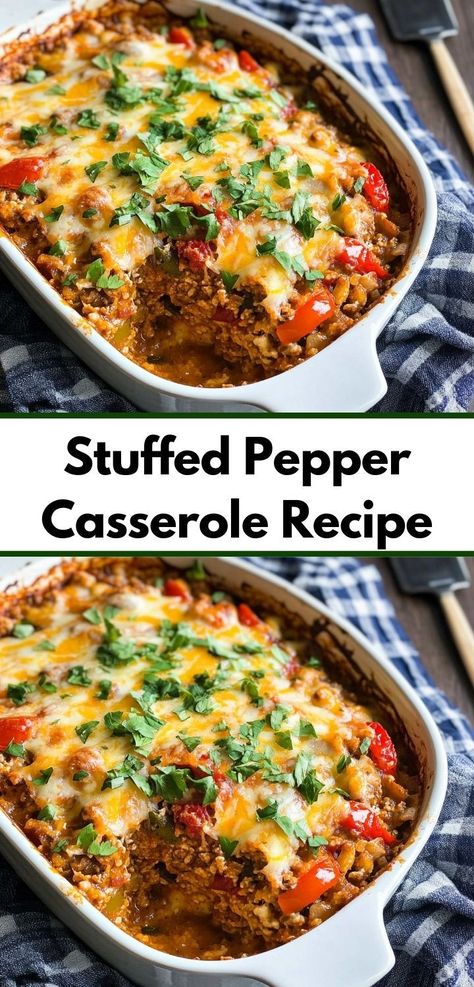 Need a satisfying family dinner? This Stuffed Pepper Casserole is a top choice among casserole recipes, offering a balanced meal packed with nutrients and taste, making it an effortless way to impress your guests and family alike. Dinner Recipes With Green Pepper, Stuffed Bell Pepper Casserole Recipes, Green Pepper Casserole, Rice And Tomatoes, The Best Dinner Recipes, Casserole With Ground Beef, Green Pepper Recipes, Stuffed Peppers Beef, Pepper Casserole