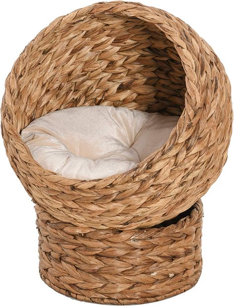 PawHut Woven Banana Leaf Elevated Cat Bed Wicker Kitten Basket Pet Den. House Cozy Cave with Soft Cushion Dome 42x33x52cm Brown : Amazon.co.uk: Pet Supplies Elevated Cat Bed, Wicker Cat Bed, Cat Egg, Niche Chat, Kitten Beds, Elevated Bed, Cat Seat, Cat Basket, Cat Cave