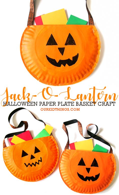 Paper Plate Jack-O-Lantern Basket Craft Paper Plate Crafts For Halloween, Paper Plate Crafts Halloween, Paper Plate Jack O Lantern Craft, Halloween Arts And Crafts For Kindergarten, Paper Plate Fall Crafts, Easy Halloween Crafts For Preschoolers, Hand Pumpkin Craft, Pumpkin Painting Ideas For Adults, Jack O Lantern Crafts For Toddlers