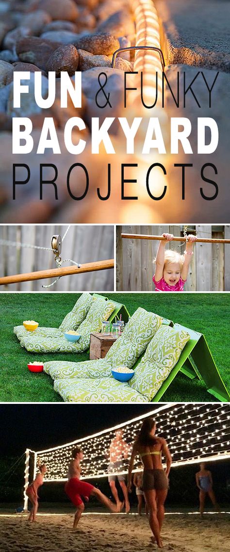 Fun & Funky Backyard Projects! • Lots of cool summer backyard projects and tutorials • rope lighting, zip line for kids, swings, volleyball net wrapped in LED lights and much more! Funky Backyard, Rope Lighting, Volleyball Net, Summer Backyard, Zip Line, Diy Outdoor Decor, Yard Project, Backyard Lighting, Backyard Games