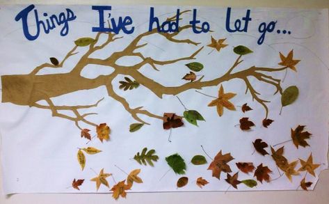 Description: When in recovery from addiction, the substance isn't the only thing you have to let go. This project illustrates where each individual in the group is in the "letting go process". Materials: 5ft piece of white mural paper, pressed leaves, markers, tape. Preparation instructions: This project is designed to be done during Autumn when… September Activities, Falling Leaf, Leaf Projects, Art Therapy Projects, Pressed Leaves, Counseling Resources, Group Therapy, Work Activities, Expressive Art