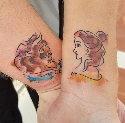 Beauty and the Beast Tattoo Cute Disney Tattoos, Disney Couple Tattoos, Beast Tattoo, Couple Tattoos Love, Couple Tattoos Unique Meaningful, Beauty And The Beast Tattoo, Sketchy Tattoo, Best Couple Tattoos, Cute Couple Tattoos