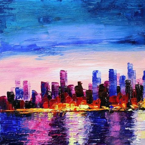 Step Painting Ideas, Abstract Cityscape Painting, Painting With Palette Knife, Star Wars Canvas Art, Beginners Acrylic Painting, Skyline Drawing, Abstract Cityscape, Canvas Painting Designs, Acrylic Painting For Beginners