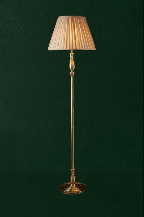 This traditional floor lamp will be a welcome addition to any room.  With an antique brass base and complementary pleated shade, this lamp will match with most décor colourways.  Bulbs not included.  We recommend 1 x E27 60W GLS bulb. Wipe clean only. 70% Metal, 30% Glass. Classic Floor Lamps, Antique Floor Lamps, Art Deco Floor Lamp, Victorian Interiors, Traditional Floor Lamps, Corner Lamp, Piano Room, Future Apartment Decor, Vintage Floor Lamp