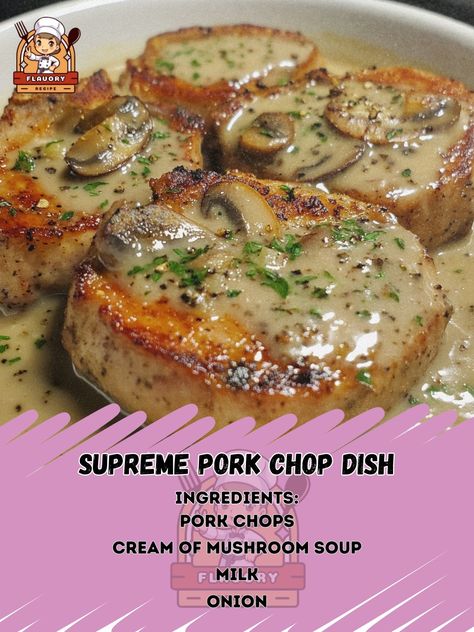 🍖 Enjoy the rich flavors of Supreme Pork Chop Dish – a hearty meal for any occasion! 🍖🍴 #PorkChops #HeartyMeals Supreme Pork Chop Dish Ingredients: Pork chops (4) Cream of mushroom soup (1 can, 10.5 oz) Milk (1/2 cup) Onion (1, sliced) Garlic powder (1 tsp) Salt and pepper (to taste) Olive oil (2 tbsp) Instructions: Preheat oven to 350°F (175°C). In a skillet, heat olive oil and brown pork chops. Mix soup, milk, onion, garlic powder, salt, and pepper. Place pork chops in a baking dish, po... Cream Of Mushroom Soup Pork Chops, Pork Chops And Cream Of Mushroom Soup, Golden Mushroom Pork Chops, Pork Chops With Cream Of Mushroom Soup, Tender Pork Chops In Oven, Pork Chops With Mushroom Soup, Cream Of Mushroom Pork Chops, Mushroom Soup Pork Chops, Pork Chop Dishes