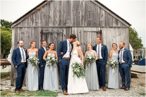 Grey And Navy Wedding Party, Navy Wedding Party Groomsmen, Grey Bridesmaid Dresses With Groomsmen, Navy Blue And Grey Wedding, Grey And Navy Wedding, Wedding Present Ideas Diy, Bridesmaids And Groomsmen Colors, Wedding Bridesmaids And Groomsmen, Navy And Grey Wedding