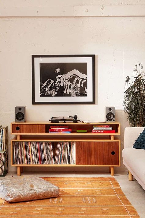 Our Favorite Affordable Home Destination Is Having A Major Sale... we're loving this mid-century modern book credenza and record holder! Mid Century Modern Media Console, Book Shelving, Wood Media Console, Modern Media Console, Vinyl Room, Record Room, Entertainment Units, Audio Room, Vinyl Storage